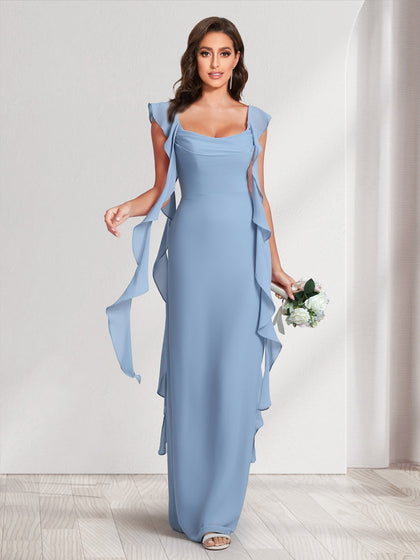 Robes de demoiselle d'honneur fourreau/colonne, col rond, longueur ras du sol, avec bretelles à volants