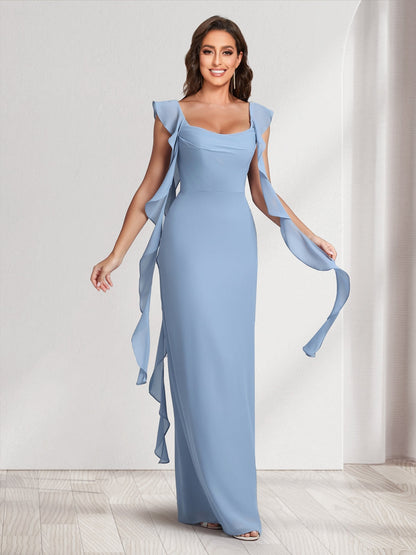 Robes de demoiselle d'honneur fourreau/colonne, col rond, longueur ras du sol, avec bretelles à volants