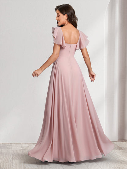 Robes de demoiselle d'honneur coupe trapèze/princesse, col en V, manches courtes, avec volants et fente latérale