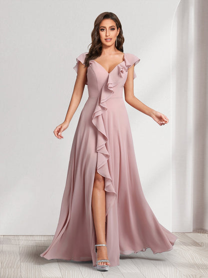 Robes de demoiselle d'honneur coupe trapèze/princesse, col en V, manches courtes, avec volants et fente latérale