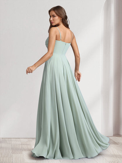 Robes de demoiselle d'honneur coupe trapèze/princesse, bretelles spaghetti, sans manches, longueur ras du sol, froncées, avec fente latérale