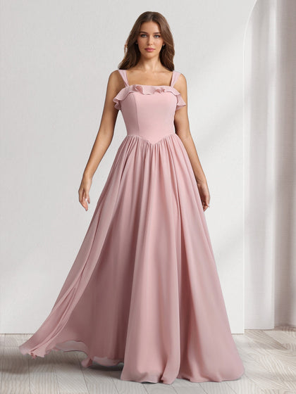Robes de demoiselle d'honneur coupe trapèze/princesse, col carré, sans manches, longueur ras du sol, avec plis et volants