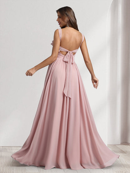 Robes de demoiselle d'honneur coupe trapèze/princesse, col carré, sans manches, longueur ras du sol, avec plis et volants