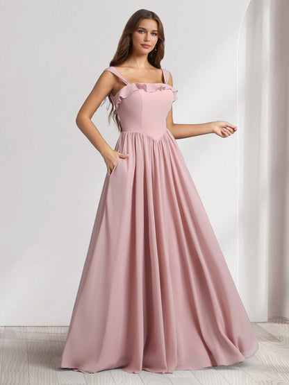 Robes de demoiselle d'honneur coupe trapèze/princesse, col carré, sans manches, longueur ras du sol, avec plis et volants