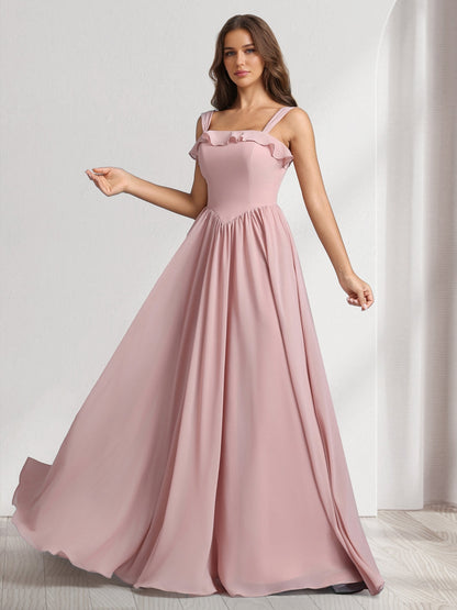 Robes de demoiselle d'honneur coupe trapèze/princesse, col carré, sans manches, longueur ras du sol, avec plis et volants