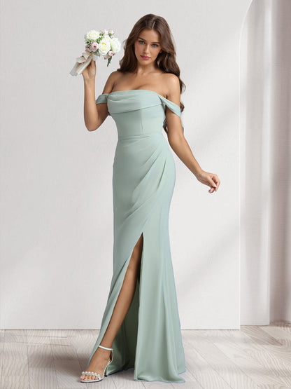 Robes de demoiselle d'honneur fourreau/colonne, épaules dénudées, longues, avec fente latérale