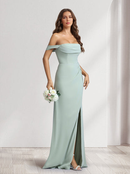Robes de demoiselle d'honneur fourreau/colonne, épaules dénudées, longues, avec fente latérale