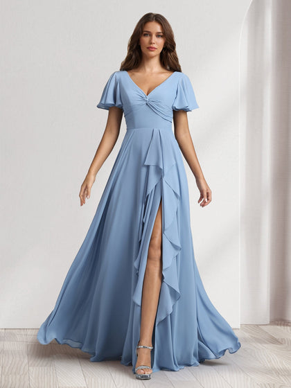 Robes de demoiselle d'honneur coupe trapèze/princesse, col en V, manches courtes, longueur ras du sol, avec volants et fente latérale