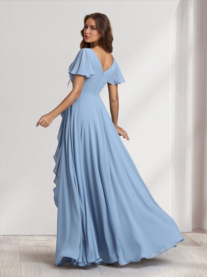 Robes de demoiselle d'honneur coupe trapèze/princesse, col en V, manches courtes, longueur ras du sol, avec volants et fente latérale