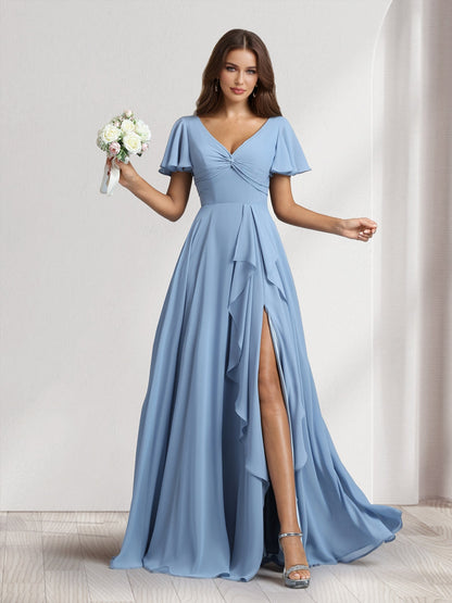 Robes de demoiselle d'honneur coupe trapèze/princesse, col en V, manches courtes, longueur ras du sol, avec volants et fente latérale