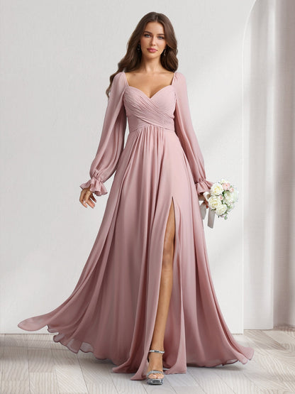 Robes de demoiselle d'honneur coupe trapèze/princesse, col cœur, manches longues, avec plis et fente latérale