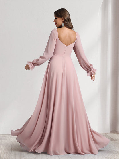 Robes de demoiselle d'honneur coupe trapèze/princesse, col cœur, manches longues, avec plis et fente latérale