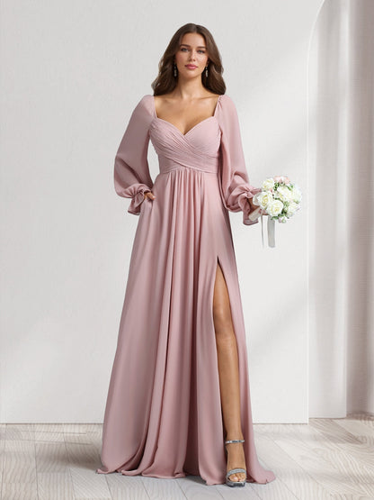 Robes de demoiselle d'honneur coupe trapèze/princesse, col cœur, manches longues, avec plis et fente latérale