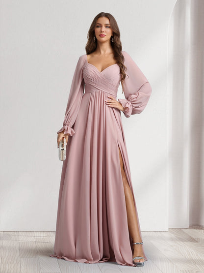 Robes de demoiselle d'honneur coupe trapèze/princesse, col cœur, manches longues, avec plis et fente latérale