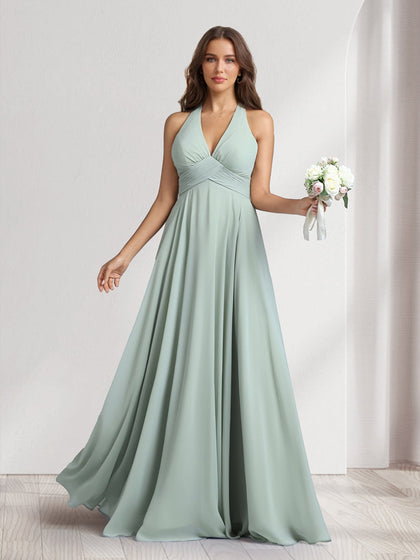 Robes de demoiselle d'honneur coupe trapèze, col en V, dos nu, sans manches, longueur ras du sol, avec plis
