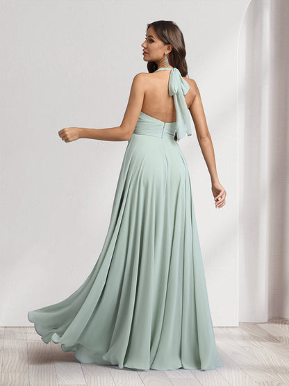 Robes de demoiselle d'honneur coupe trapèze, col en V, dos nu, sans manches, longueur ras du sol, avec plis