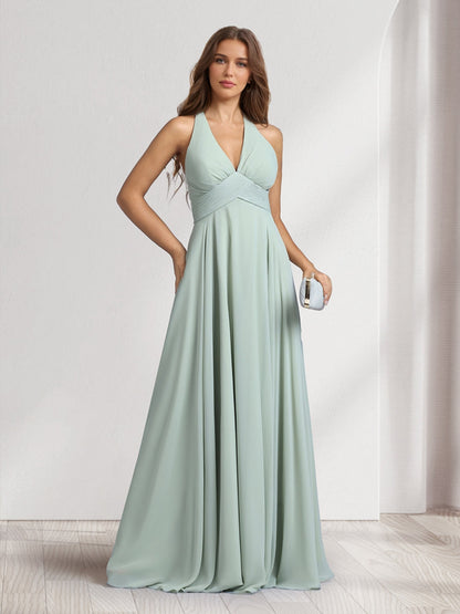 Robes de demoiselle d'honneur coupe trapèze, col en V, dos nu, sans manches, longueur ras du sol, avec plis