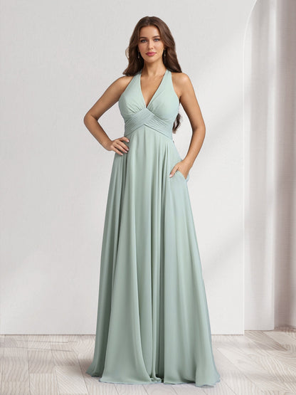 Robes de demoiselle d'honneur coupe trapèze, col en V, dos nu, sans manches, longueur ras du sol, avec plis