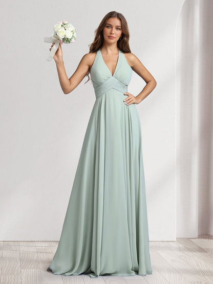Robes de demoiselle d'honneur coupe trapèze, col en V, dos nu, sans manches, longueur ras du sol, avec plis