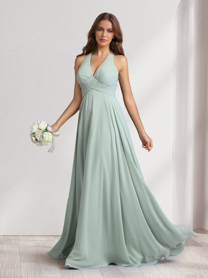 Robes de demoiselle d'honneur coupe trapèze, col en V, dos nu, sans manches, longueur ras du sol, avec plis