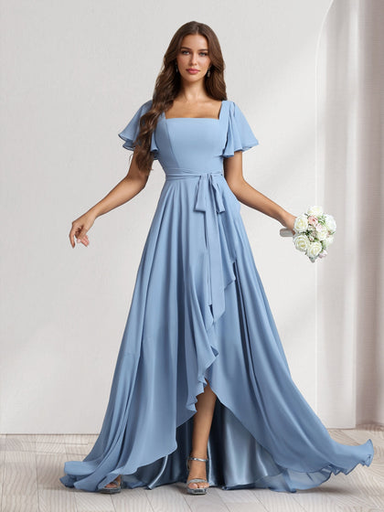 Robes de demoiselle d'honneur coupe trapèze/princesse, col carré, manches courtes, longueur ras du sol, avec ceinture et fente latérale