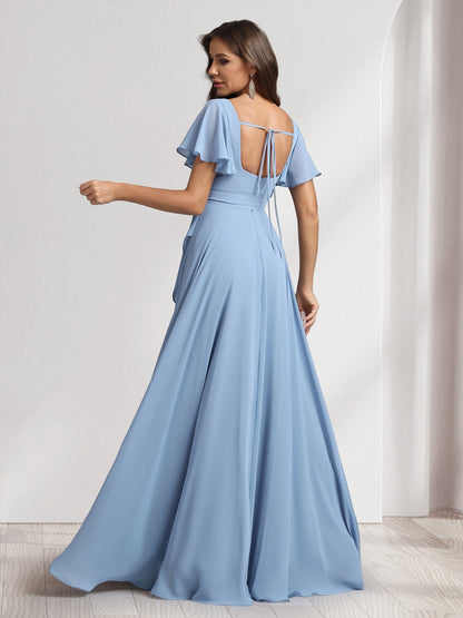 Robes de demoiselle d'honneur coupe trapèze/princesse, col carré, manches courtes, longueur ras du sol, avec ceinture et fente latérale