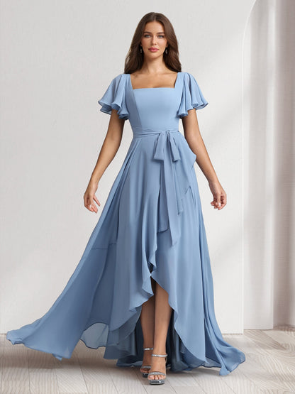 Robes de demoiselle d'honneur coupe trapèze/princesse, col carré, manches courtes, longueur ras du sol, avec ceinture et fente latérale