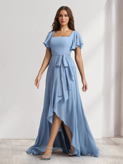 Robes de demoiselle d'honneur coupe trapèze/princesse, col carré, manches courtes, longueur ras du sol, avec ceinture et fente latérale