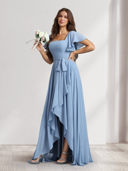 Robes de demoiselle d'honneur coupe trapèze/princesse, col carré, manches courtes, longueur ras du sol, avec ceinture et fente latérale