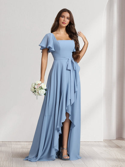 Robes de demoiselle d'honneur coupe trapèze/princesse, col carré, manches courtes, longueur ras du sol, avec ceinture et fente latérale