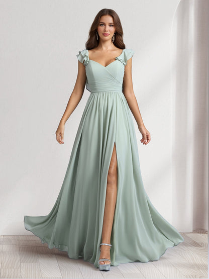 Robes de demoiselle d'honneur coupe trapèze/princesse, col en V, longueur ras du sol, avec volants et plis