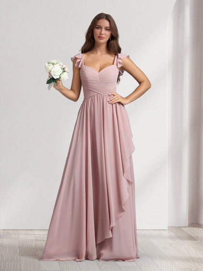 Robes de demoiselle d'honneur coupe trapèze/princesse, col en V, bretelles spaghetti, sans manches, longueur ras du sol, avec volants et plis