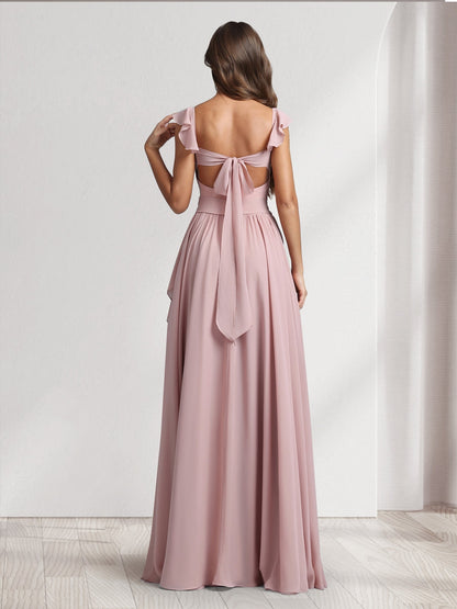 Robes de demoiselle d'honneur coupe trapèze/princesse, col en V, bretelles spaghetti, sans manches, longueur ras du sol, avec volants et plis