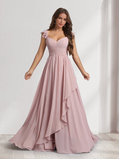Robes de demoiselle d'honneur coupe trapèze/princesse, col en V, bretelles spaghetti, sans manches, longueur ras du sol, avec volants et plis