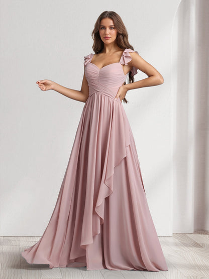 Robes de demoiselle d'honneur coupe trapèze/princesse, col en V, bretelles spaghetti, sans manches, longueur ras du sol, avec volants et plis