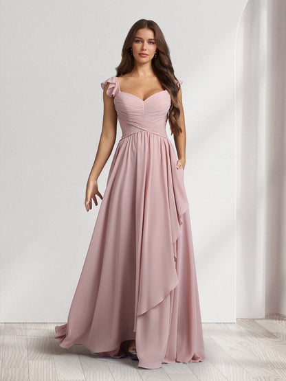 Robes de demoiselle d'honneur coupe trapèze/princesse, col en V, bretelles spaghetti, sans manches, longueur ras du sol, avec volants et plis