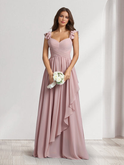 Robes de demoiselle d'honneur coupe trapèze/princesse, col en V, bretelles spaghetti, sans manches, longueur ras du sol, avec volants et plis