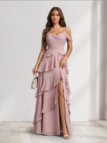 Robes de demoiselle d'honneur coupe trapèze/princesse, épaules dénudées, bretelles spaghetti, sans manches, longueur ras du sol, avec volants et fente latérale
