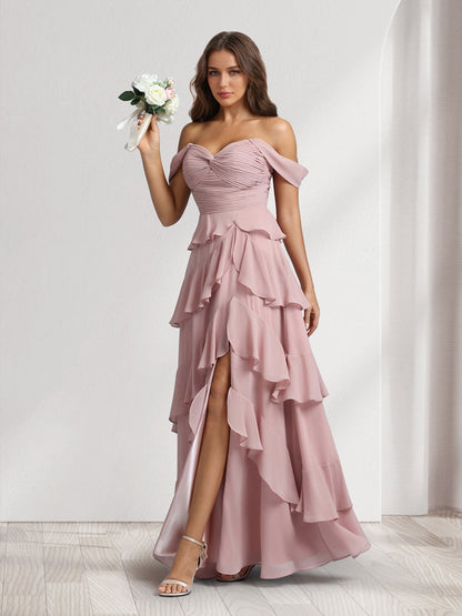 Robes de demoiselle d'honneur coupe trapèze/princesse, épaules dénudées, bretelles spaghetti, sans manches, longueur ras du sol, avec volants et fente latérale