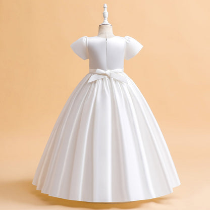 Robe Princesse Col Rond Manches Bouffantes pour Petite Fille d'Honneur avec Fronces
