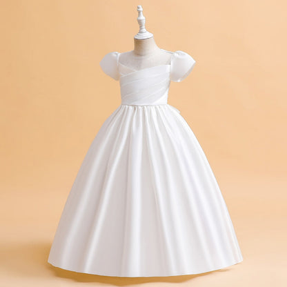 Robe Princesse Col Rond Manches Bouffantes pour Petite Fille d'Honneur avec Fronces