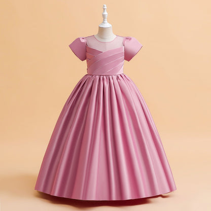 Robe Princesse Col Rond Manches Bouffantes pour Petite Fille d'Honneur avec Fronces