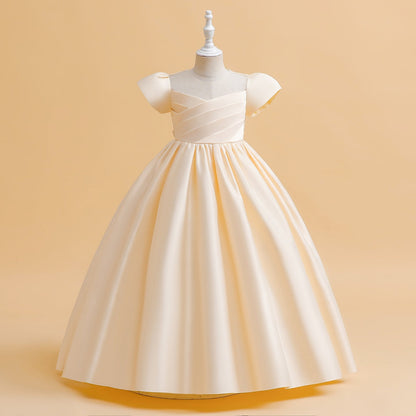 Robe Princesse Col Rond Manches Bouffantes pour Petite Fille d'Honneur avec Fronces