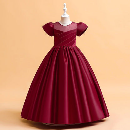 Robe Princesse Col Rond Manches Bouffantes pour Petite Fille d'Honneur avec Fronces
