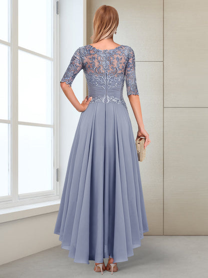 Robes de Mère de la Mariée Asymétriques à Demi-Manches et Décolleté Plongeant, Coupe A-Line/Princesse