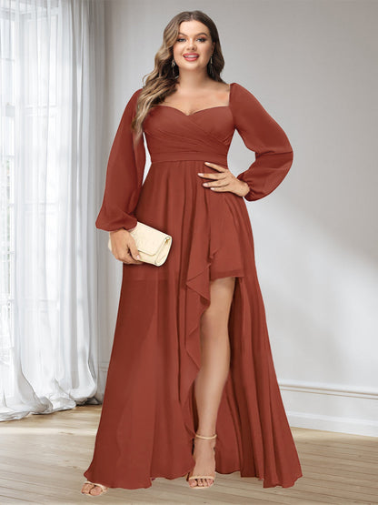 Robe de Demoiselled'Honneur Grande Taille, Coupe Trapèze/Princesse, Col en Cœur, Manches Longues, Asymétrique, Froncée