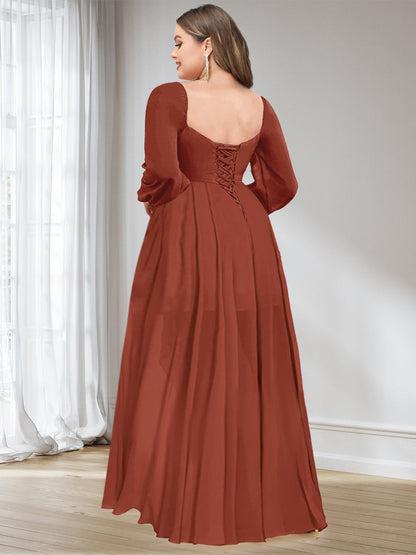 Robe de Demoiselled'Honneur Grande Taille, Coupe Trapèze/Princesse, Col en Cœur, Manches Longues, Asymétrique, Froncée