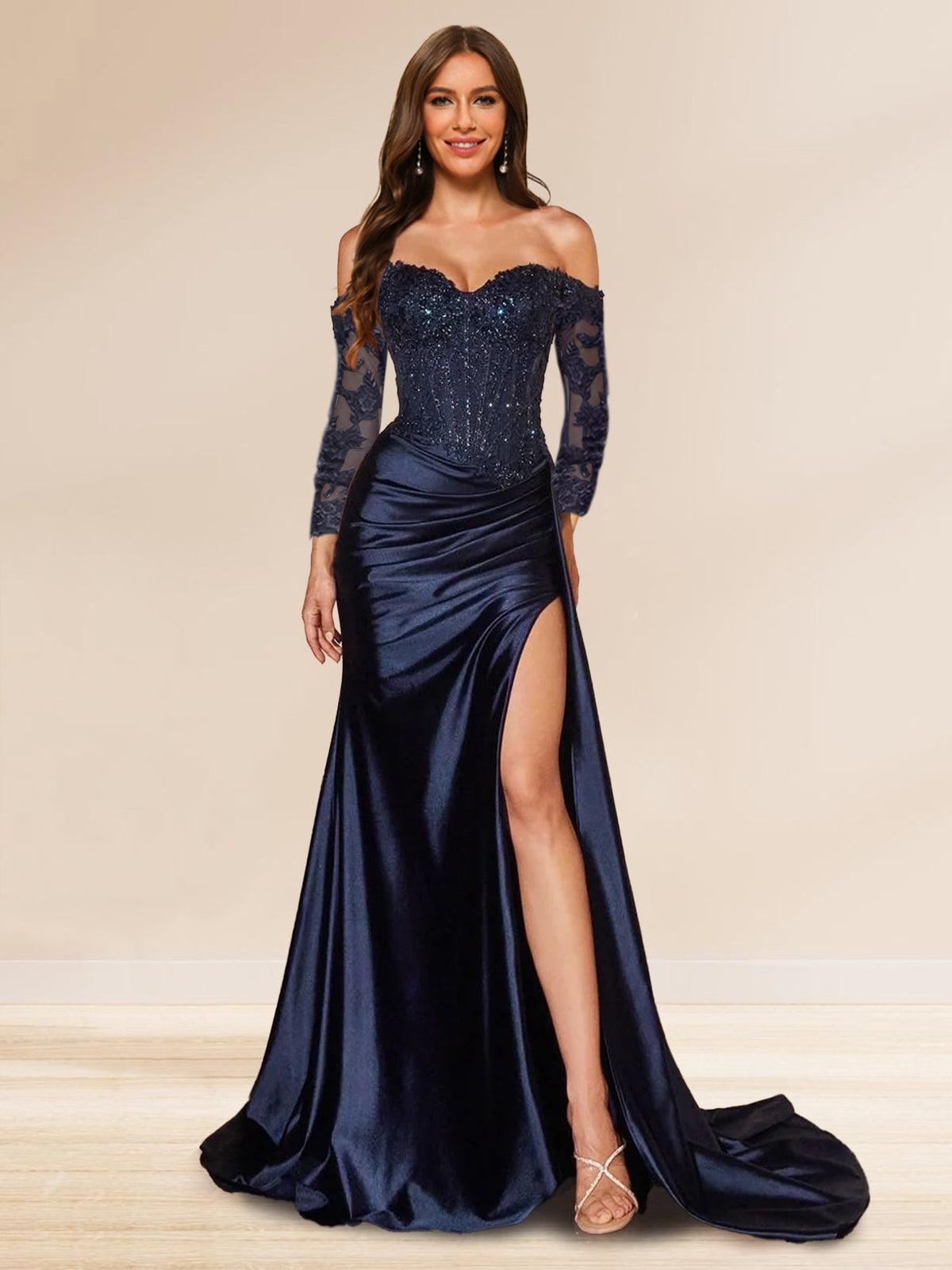 Robe de Soirée à Paillettes Trompette/Sirène, Épaules Dénudées & Manches Longues, Traîne Balai & Fente Latérale