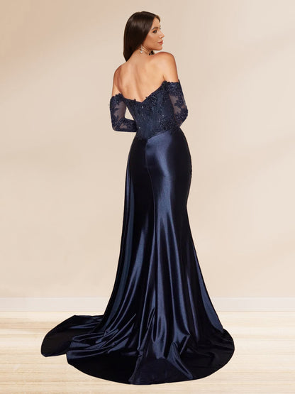 Robe de Soirée à Paillettes Trompette/Sirène, Épaules Dénudées & Manches Longues, Traîne Balai & Fente Latérale