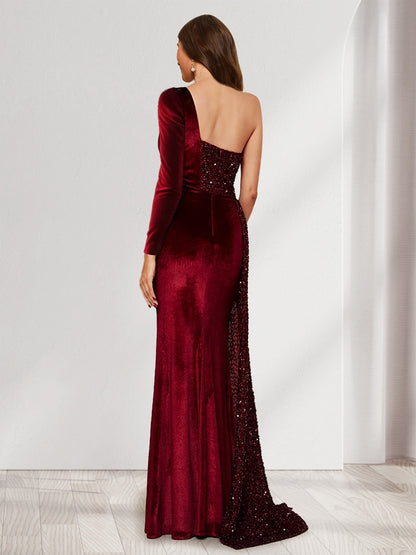 Robe de Soirée en Velours à Paillettes Gaine/Colonne Monobretelle, Longueur Sol & Fente Latérale